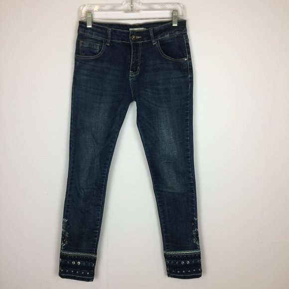 Anany Jeans Size M 40 Womans Skinny Leg Mid Rise Dark Wash Embroidered Blue - Picture 1 of 10